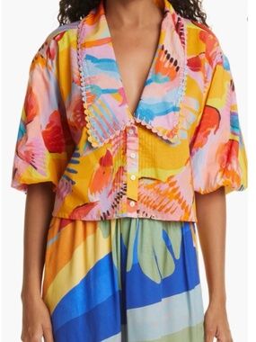 FARM Rio Multicolor Abstract Button-Front Crop Top with crochet trim size S